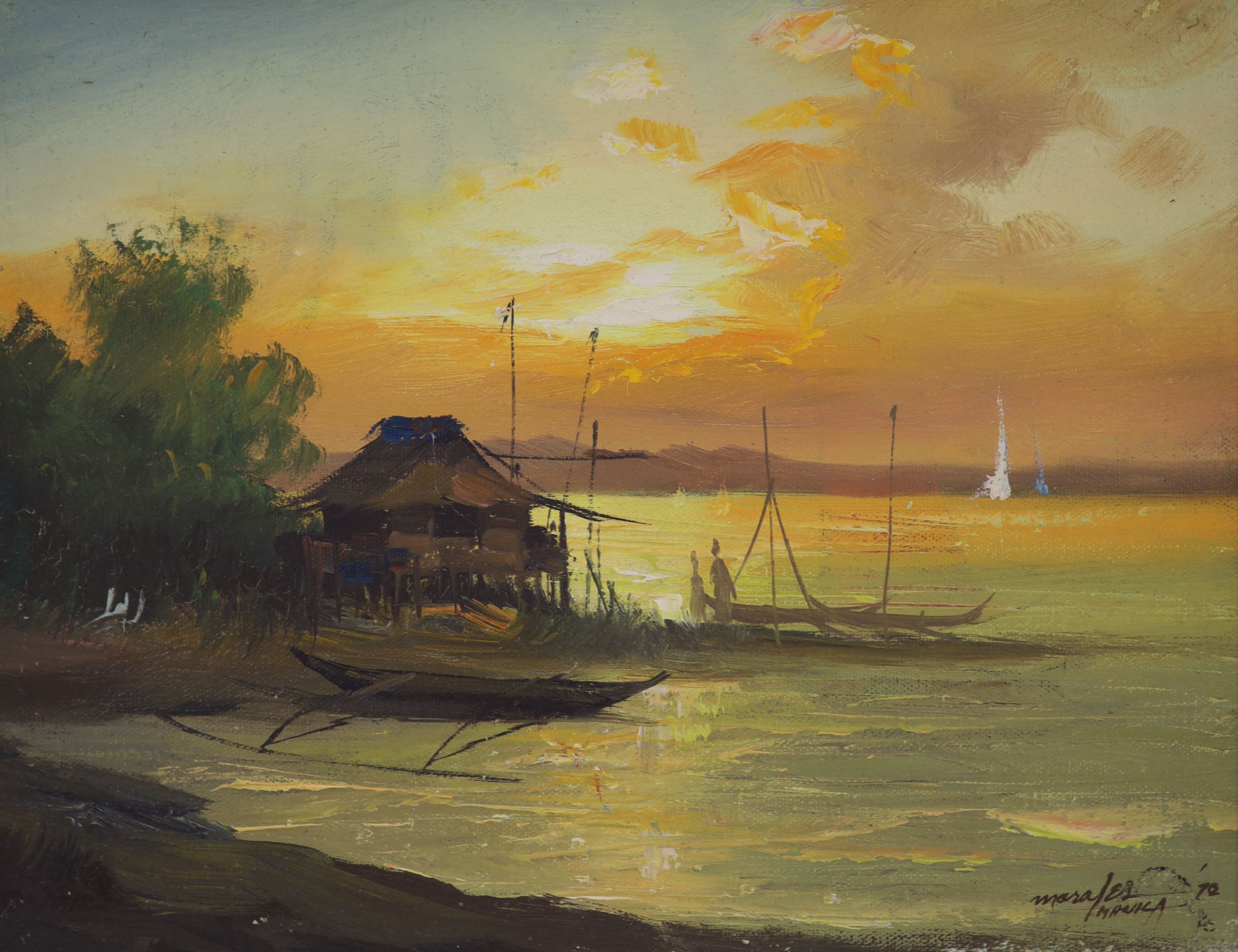 Maralez (Manila), oil on canvas, Coastal scene at sunset, signed and dated 70, 22 x 29cm
